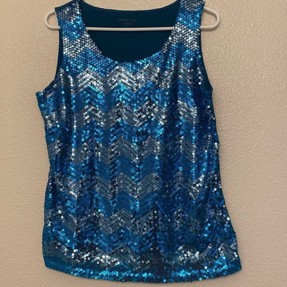 Coldwater Creek aqua teal blue allover sequin chevron art deco glam blouse  L 14